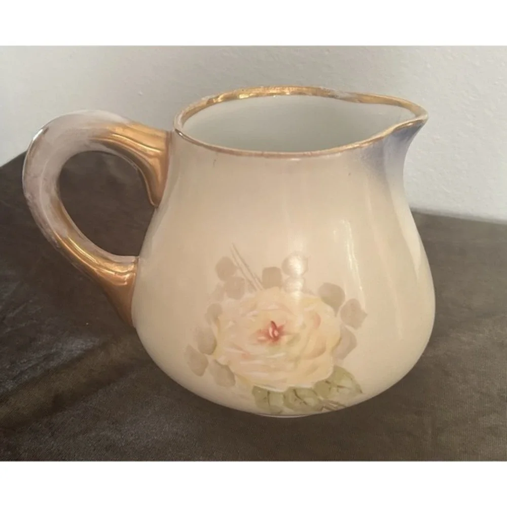 Antique B & M Limoges France Hand Painted Rose Drink Pitcher Gold Handle Collect